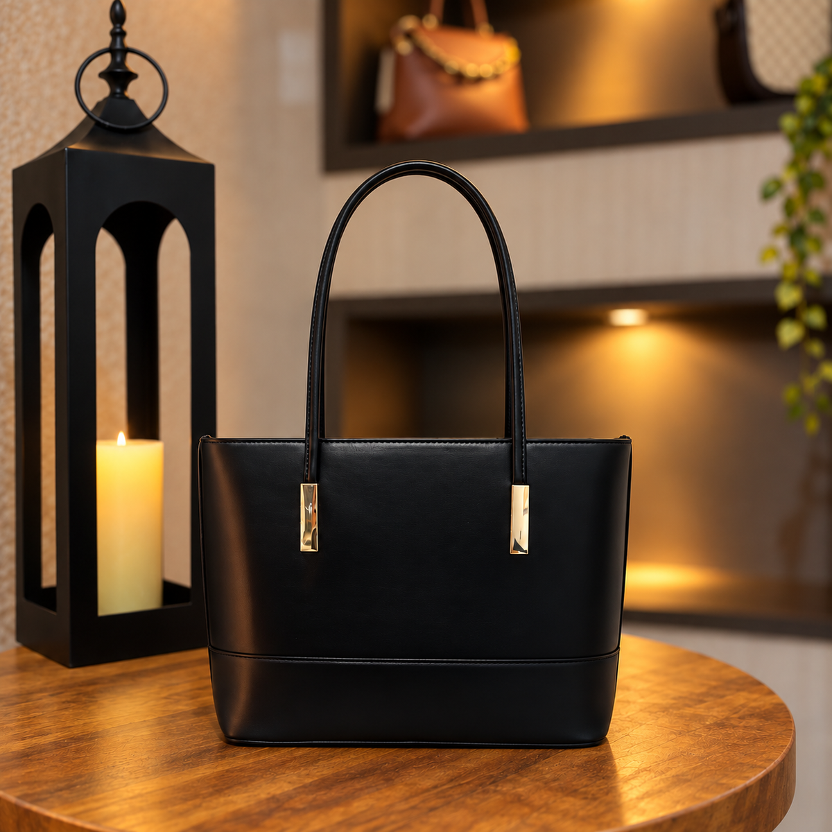 Bolsa tote preta com alças longas, vista frontal
