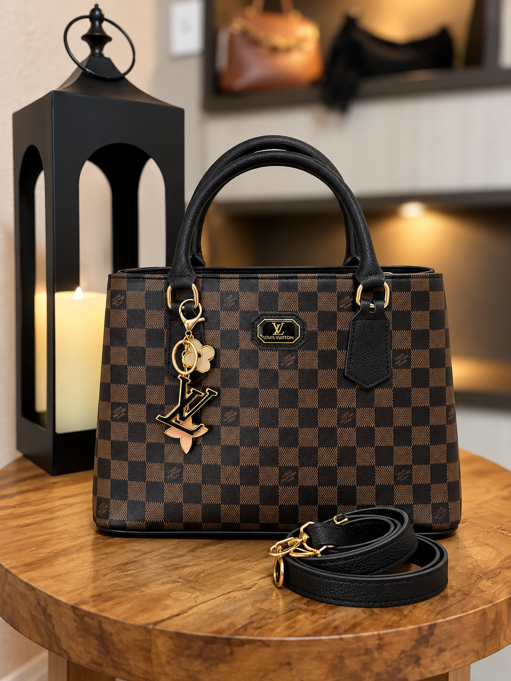 Bolsa tote xadrez monograma com alças pretas, pingente e alça longa