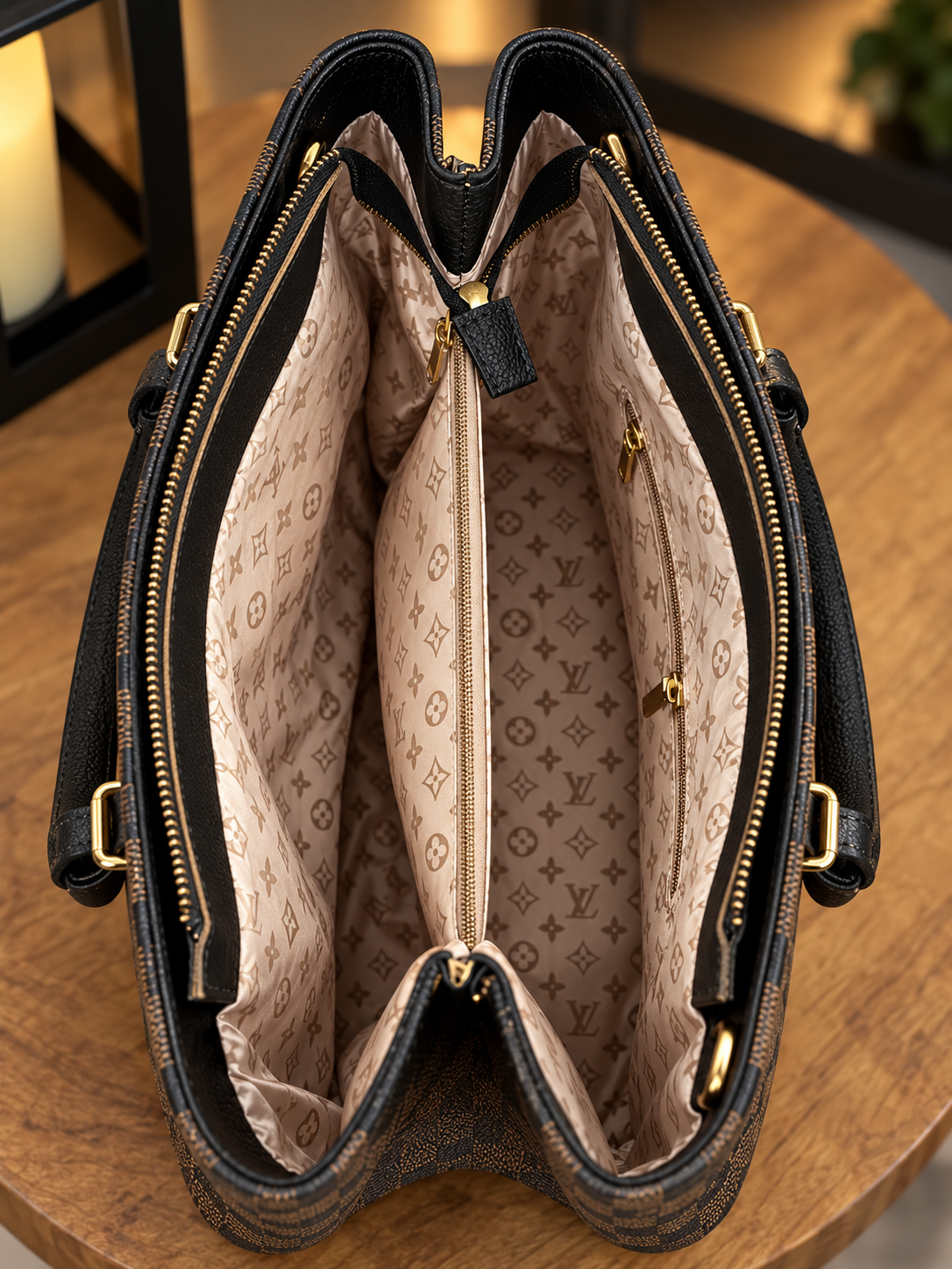 Interior da bolsa com acabamento preto e forro estampado