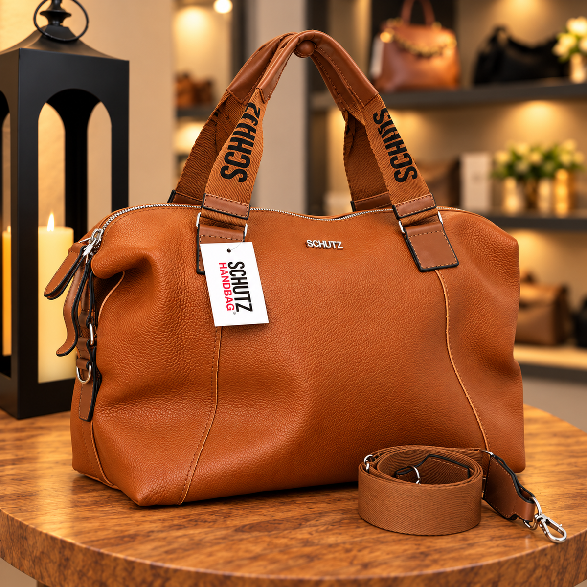 Urban Caramel — detalhes frontais e alças de gorgurão