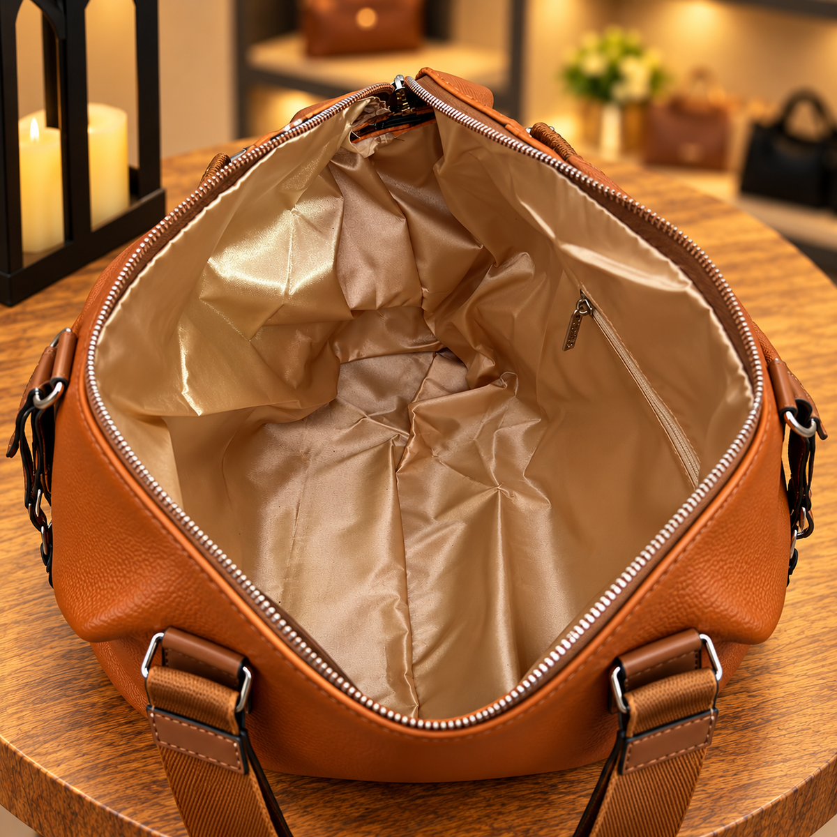 Urban Caramel — interior e bolso de zíper