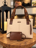 Bolsa tote bege texturizada com alças marrons e nécessaire