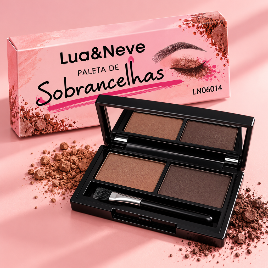 Paleta de Sobrancelhas Lua & Neve LN06014 – composição comercial ilustrativa com dois tons