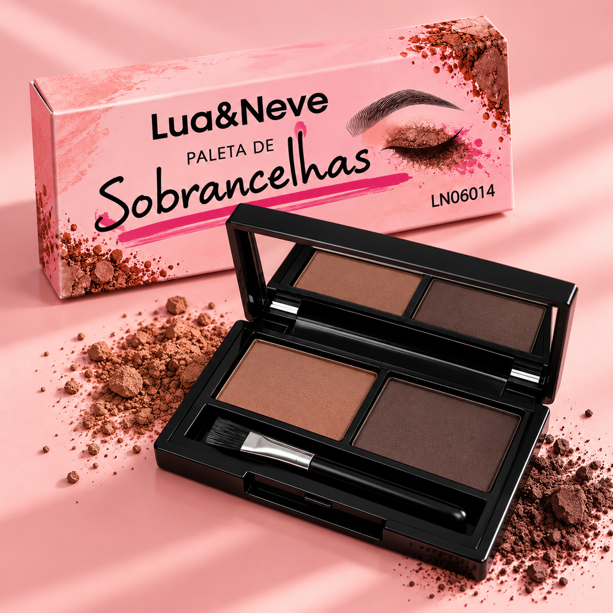 Paleta de Sobrancelhas Lua & Neve – arte comercial de apresentação da paleta
