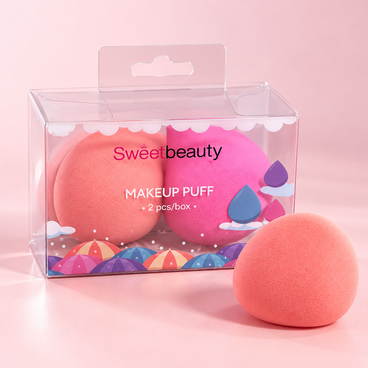 Kit de 2 Esponjas Sweetbeauty Makeup Puff, coral e rosa, imagem de estúdio 2 - composição digital ilustrativa