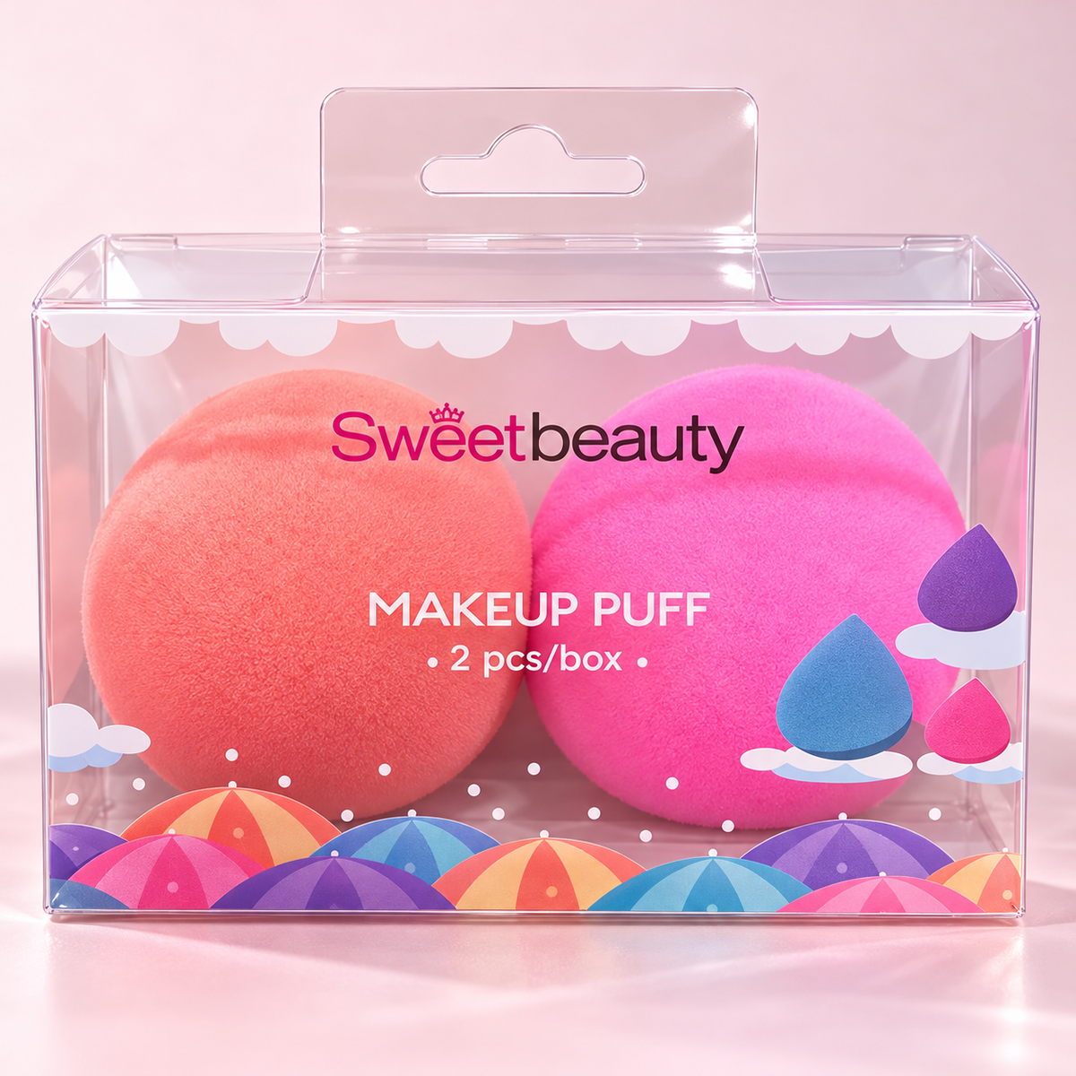 Kit de 2 Esponjas Sweetbeauty Makeup Puff, coral e rosa, imagem de estúdio 3 - composição digital ilustrativa