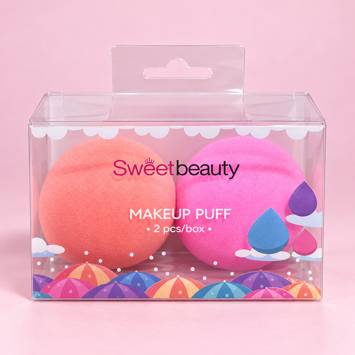 Kit de 2 Esponjas Sweetbeauty Makeup Puff, coral e rosa, imagem de estúdio 4 - composição digital ilustrativa
